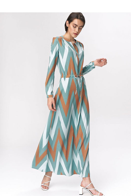 Abito lungo donna con stampa zigzag turchese, vista frontale con cintura regolabile 140882 Nife
