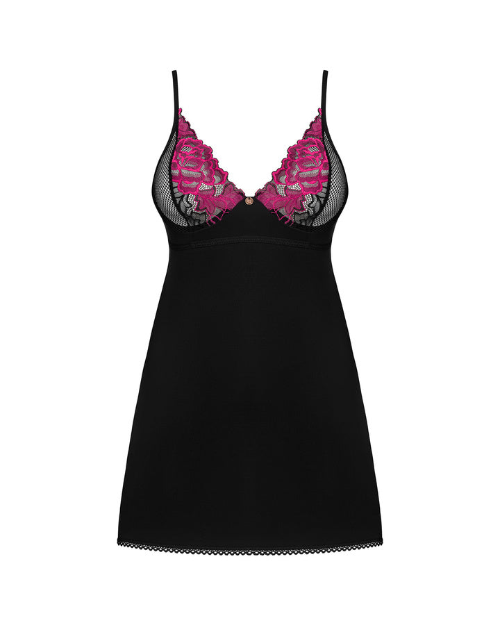 Dettaglio scollo a V chemise vellutata nera con ricamo floreale rosa e mesh trasparente 185990 Obsessive