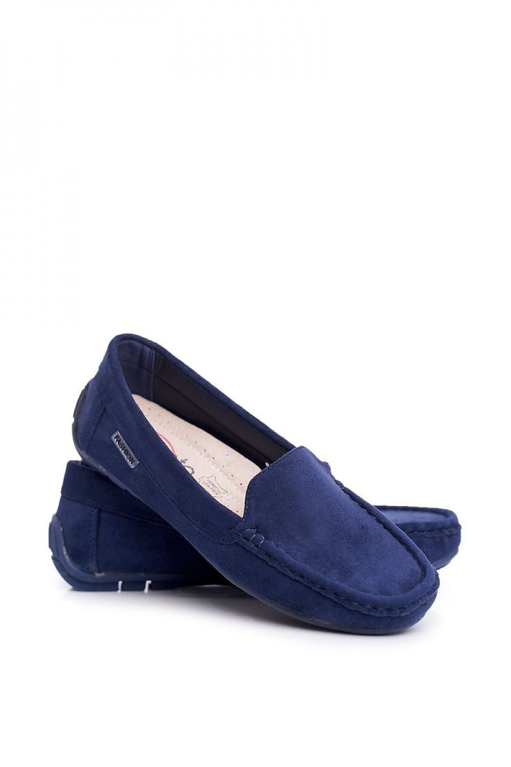Mocassini donna blu in eco pelle scamosciata, vista laterale e dall'alto con dettaglio cuciture 176617 Step in style