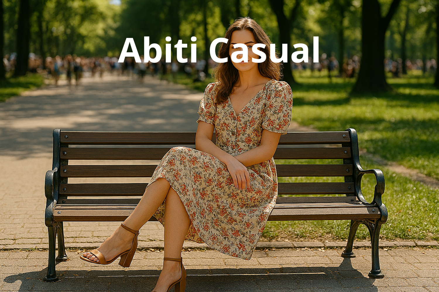 Donna seduta su una panchina in un parco affollato, con gambe accavallate, indossa un abito floreale midi casual e sandali con tacco. Atmosfera urbana e rilassata.