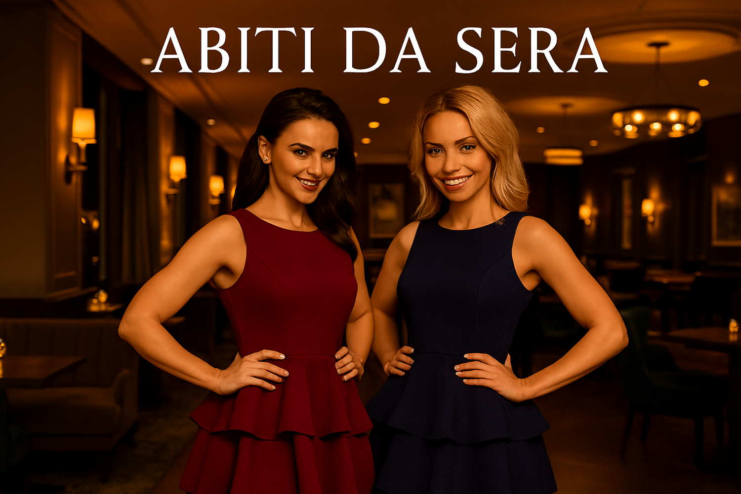 Donna con abito da sera elegante in blu navy, perfetto per eventi e cerimonie. Collezione abiti da sera eleganti donna.