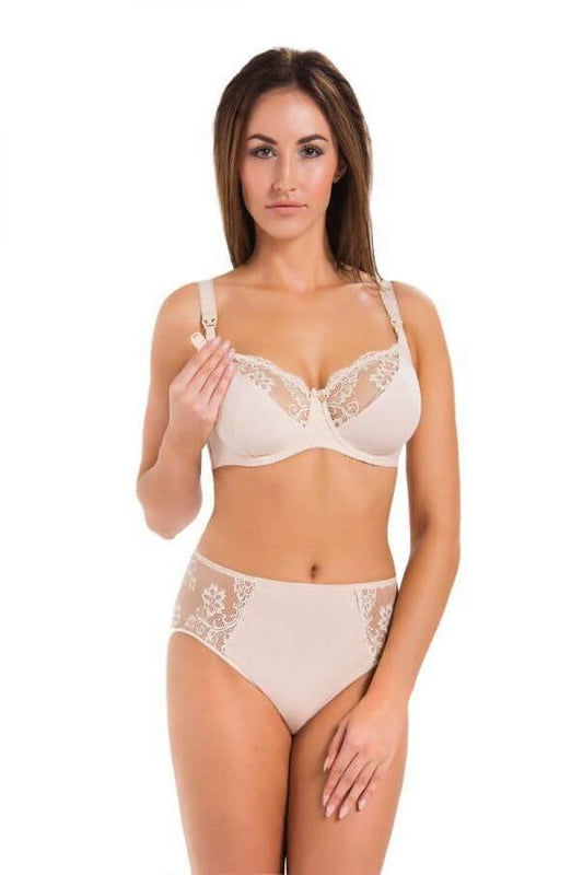 Reggiseno allattamento in cotone beige a coppa piena con pizzo floreale 198084 Teyli frontale