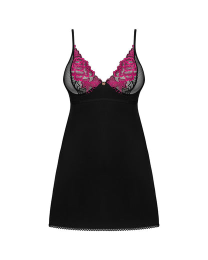 Dettaglio scollo a V chemise vellutata nera con ricamo floreale rosa e mesh trasparente 185990 Obsessive
