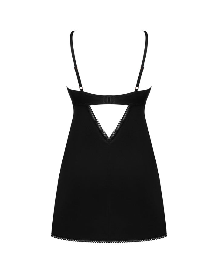 Vista posteriore chemise vellutata nera Obsessive 185990 con spalline regolabili e cut-out sul retro