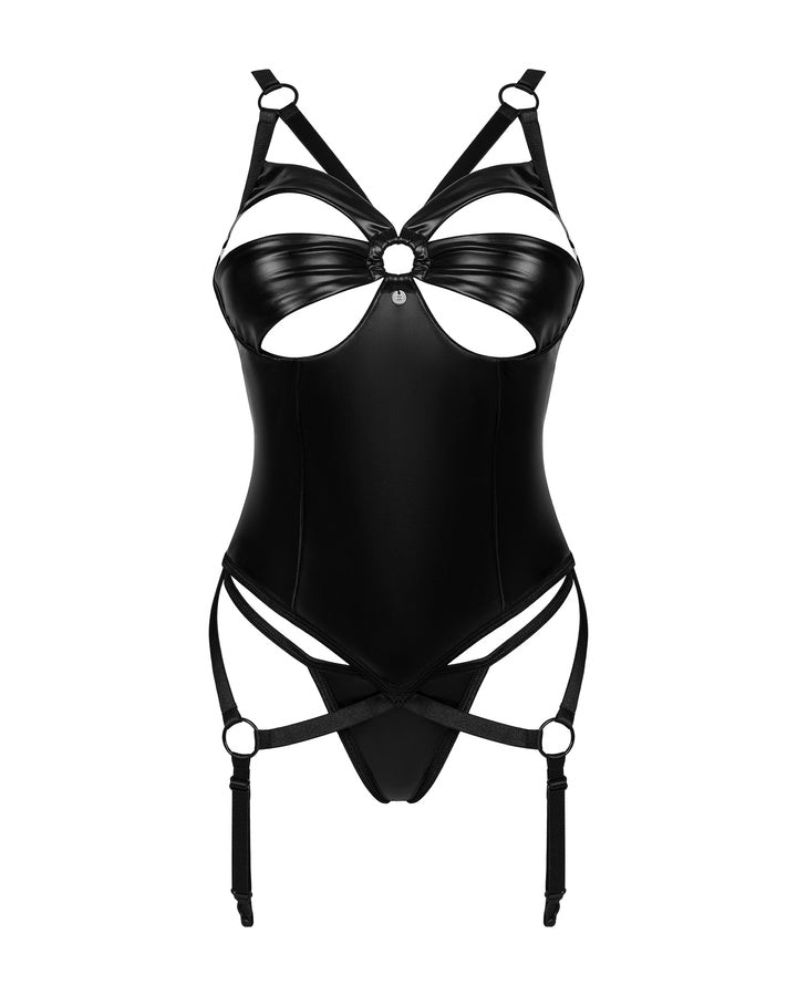 Completo corsetto e perizoma, lingerie Obsessive 186198 in eco pelle nera, vista frontale su sfondo bianco