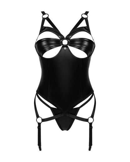 Completo corsetto e perizoma, lingerie Obsessive 186198 in eco pelle nera, vista frontale su sfondo bianco