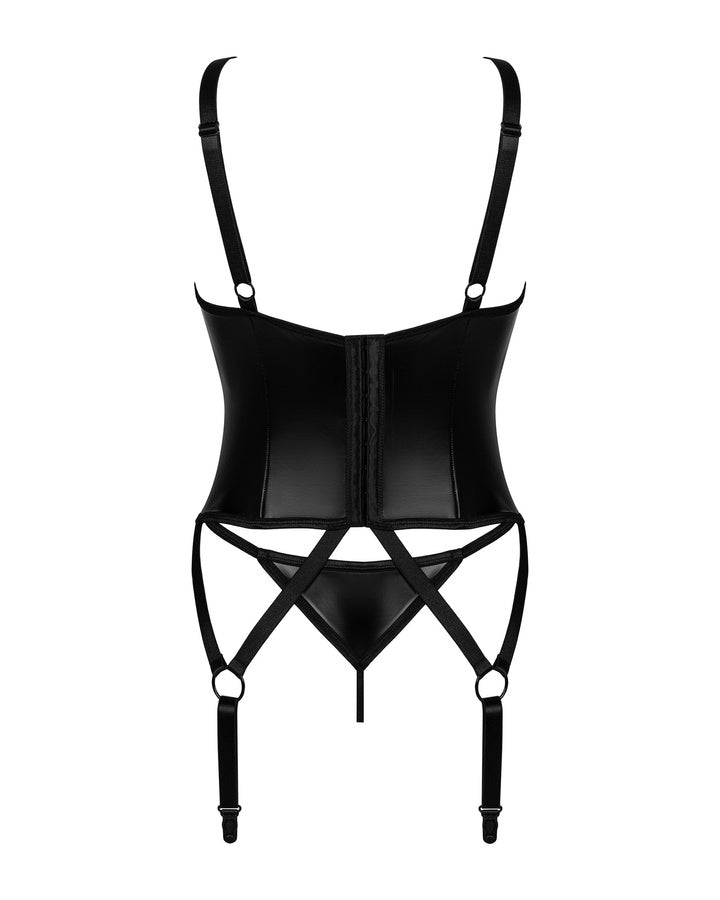 Completo corsetto e perizoma lingerie Obsessive  186198 in eco pelle nera, vista posteriore su sfondo bianco