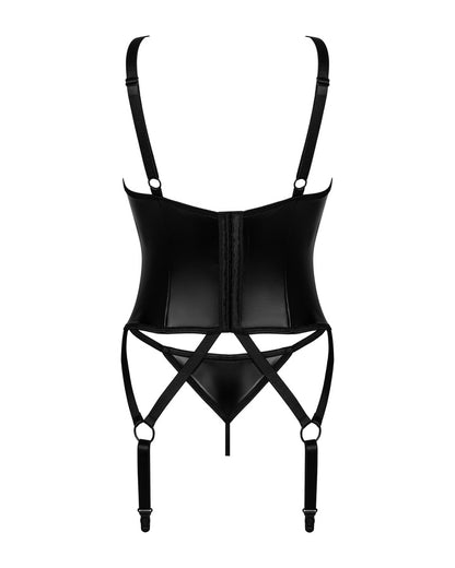 Completo corsetto e perizoma lingerie Obsessive  186198 in eco pelle nera, vista posteriore su sfondo bianco