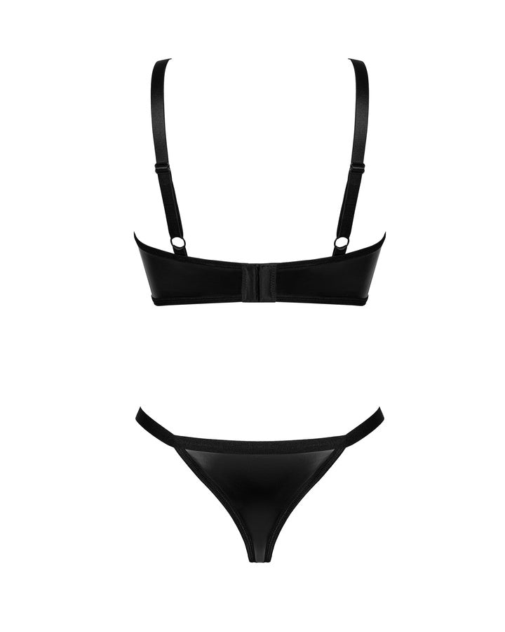 Completo lingerie 186198 Obsessive in eco pelle nera , vista posteriore su sfondo bianco
