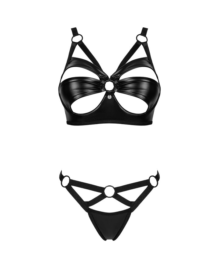 Completo lingerie reggiseno e perizoma  186198 Obsessive in eco pelle nera, vista frontale su sfondo bianco