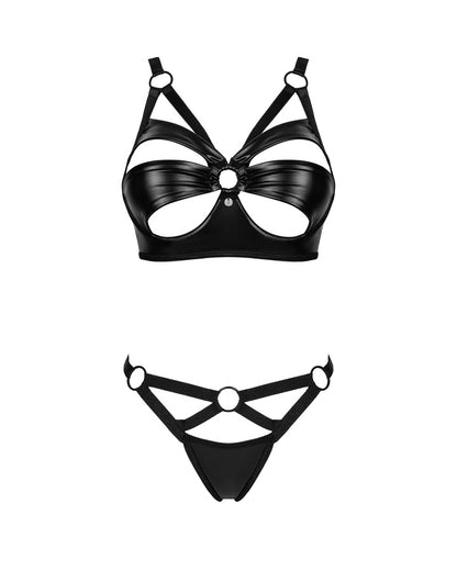 Completo lingerie reggiseno e perizoma  186198 Obsessive in eco pelle nera, vista frontale su sfondo bianco