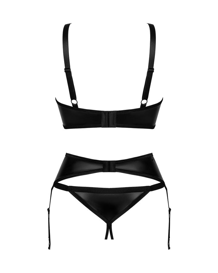 Completo lingerie Obsessive in ecopelle nera, vista posteriore con cintura giarrettiera su sfondo bianco