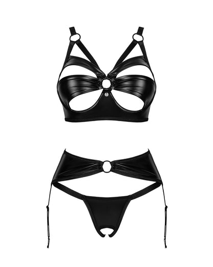 Completo lingerie Obsessive in ecopelle nera, reggiseno open-cup su sfondo bianco