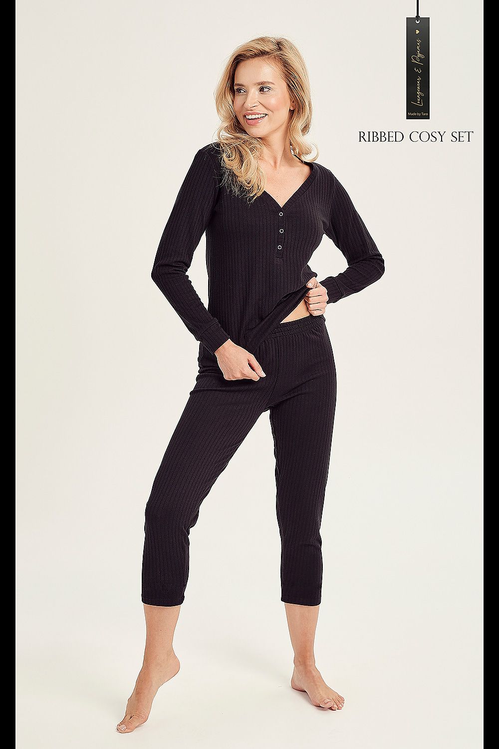 Pigiama lungo donna Taro nero 183016 in cotone traforato con top a maniche lunghe e pantaloni coda di pesce