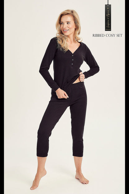 Pigiama lungo donna Taro nero 183016 in cotone traforato con top a maniche lunghe e pantaloni coda di pesce