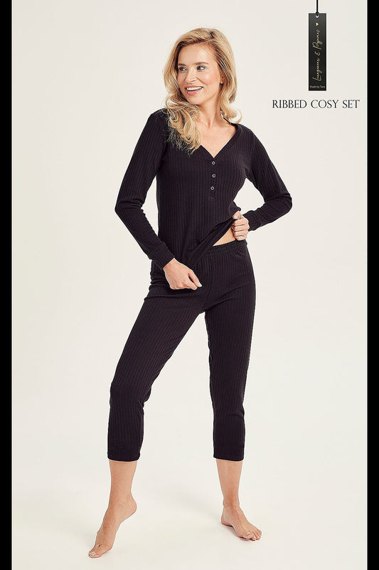 Pigiama lungo donna Taro nero 183016 in cotone traforato con top a maniche lunghe e pantaloni coda di pesce