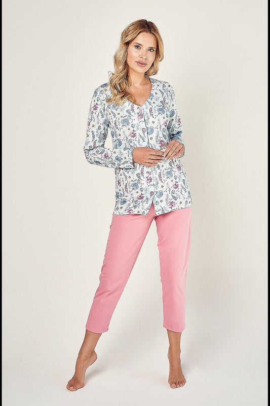 Set pigiama due pezzi Taro rosa 183015 in cotone 100% con camicia bianca fantasia e pantaloni pescatora rosa  Taro 