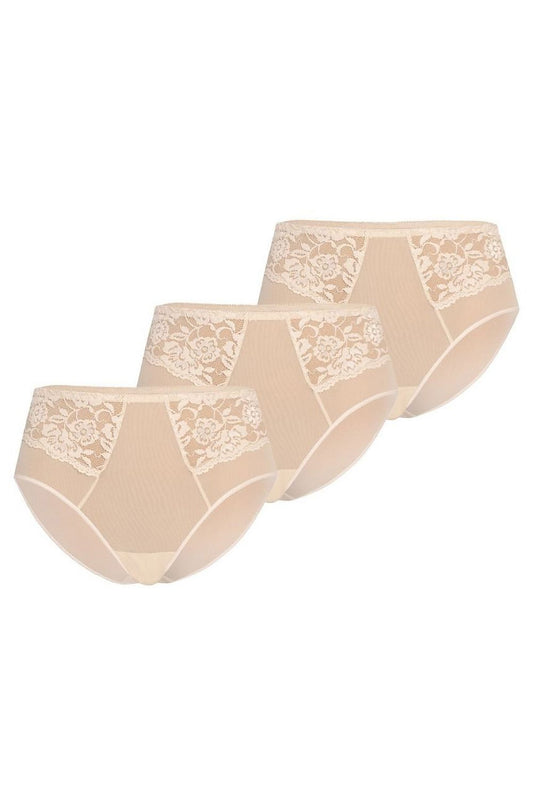 onfezione da 3 slip a vita alta beige con dettagli in pizzo, mostra il design del modello 182858 Teyli 