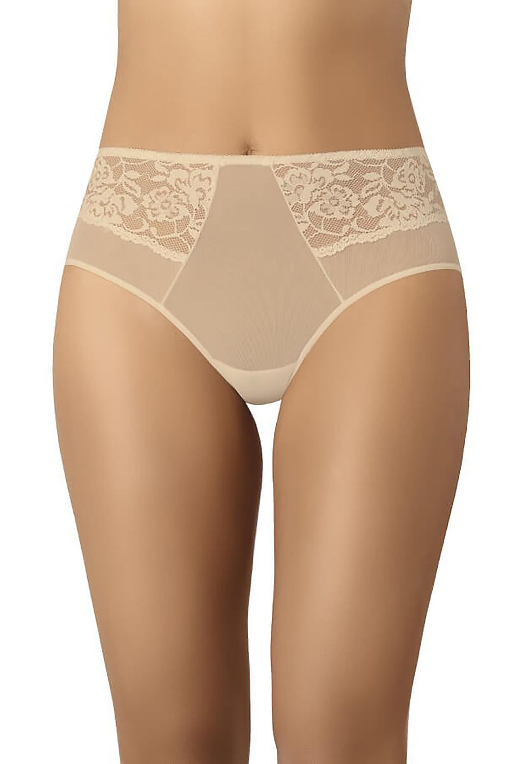 Set da 3 slip a vita alta da donna in rete trasparente e pizzo floreale, colore beige, vista frontale 182858 Teyli 