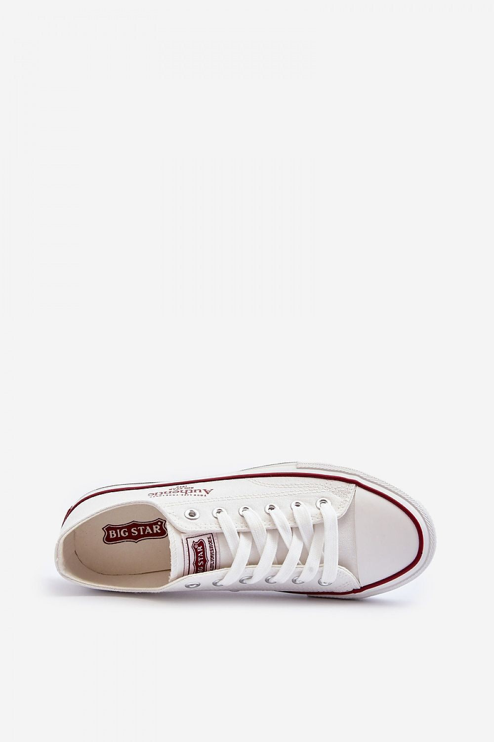 Vista dall'alto delle sneakers bianche Big Star con lacci bianchi e profilo bordeaux, branding visibile su linguetta e soletta 194989 Step in style 