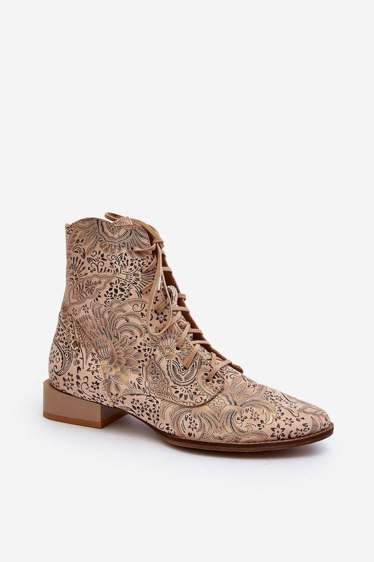 Stivaletto donna beige in pelle naturale con fantasia incisa e tacco basso 193934 Step in style 