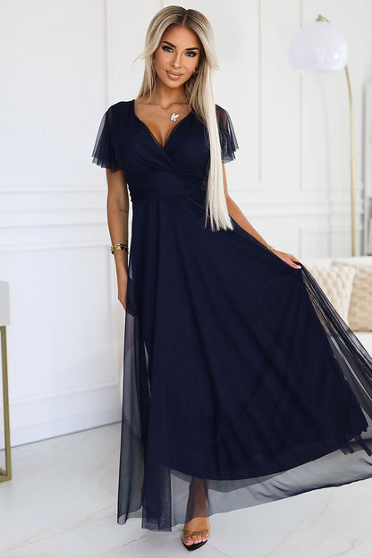 
Vestito da cerimonia blu navy con scollo a V profondo e gonna fluida in tulle frontale 203093 Numoco 